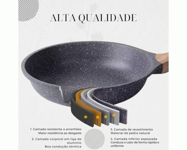 Frigideira Antiaderente Cerâmico Frita Sem Óleo 28cm Funda Cabo Madeira Não Gruda Fogão Indução/Gás - Image 4